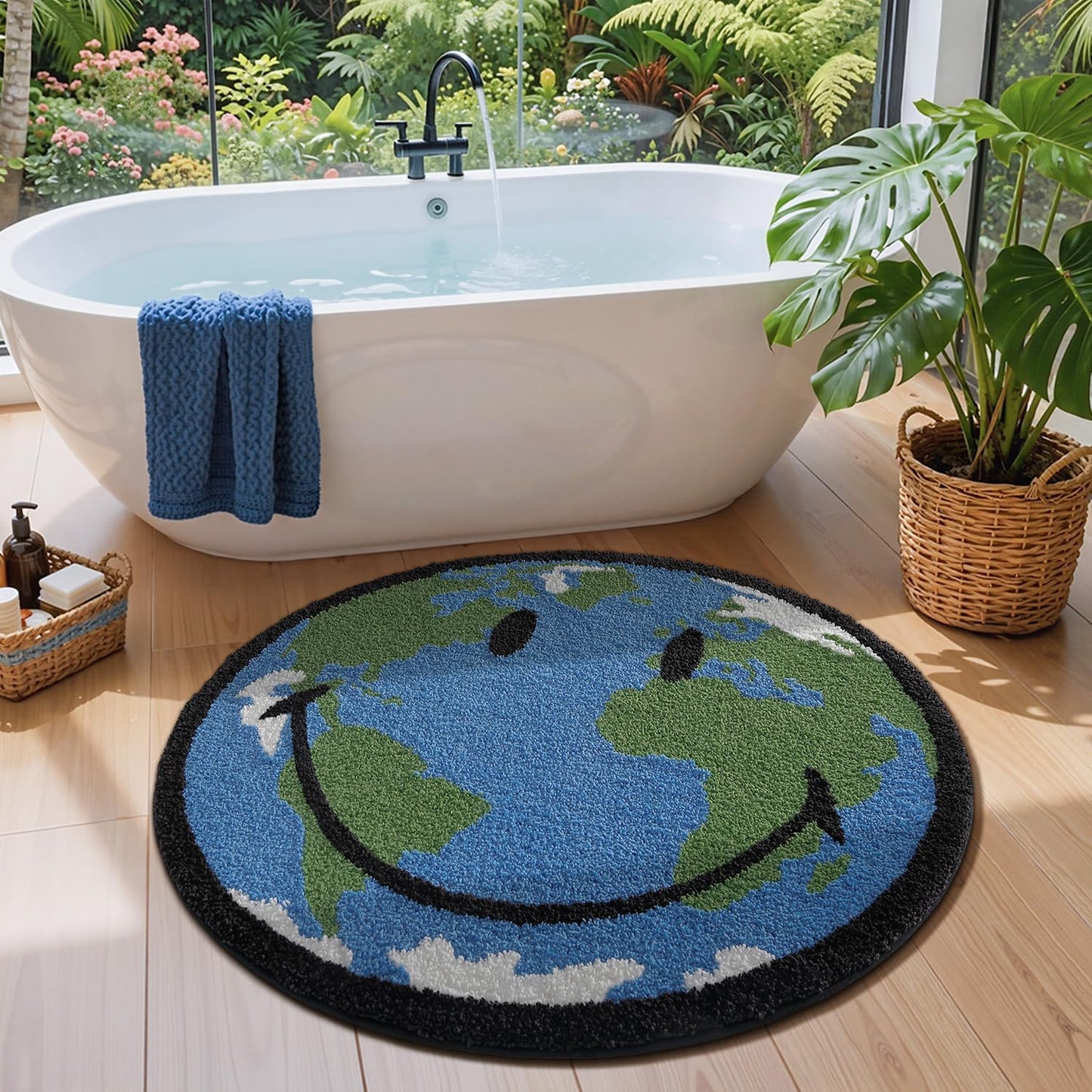 LUMI 5ft Round High Pile Smile Earth Globe Bathroom Rugs Non Slip, Absorbent Ultra Soft Microfiber Moss Circle Bath Mat, Washable Area Rug for Shower, Sink, Living Room, Kids Room and Nursery Room
