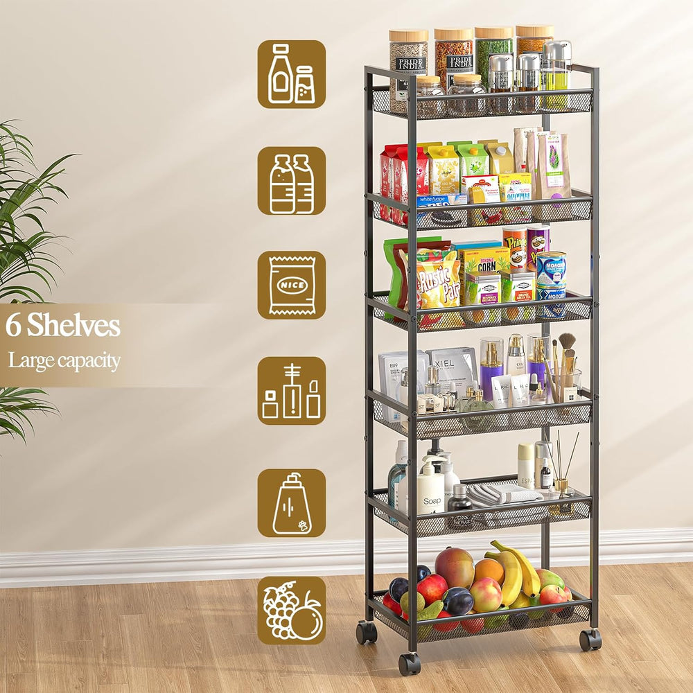 6 Tier Slim Rolling Storage Cart, Narrow Mobile Shelving Unit Organizer Utili...