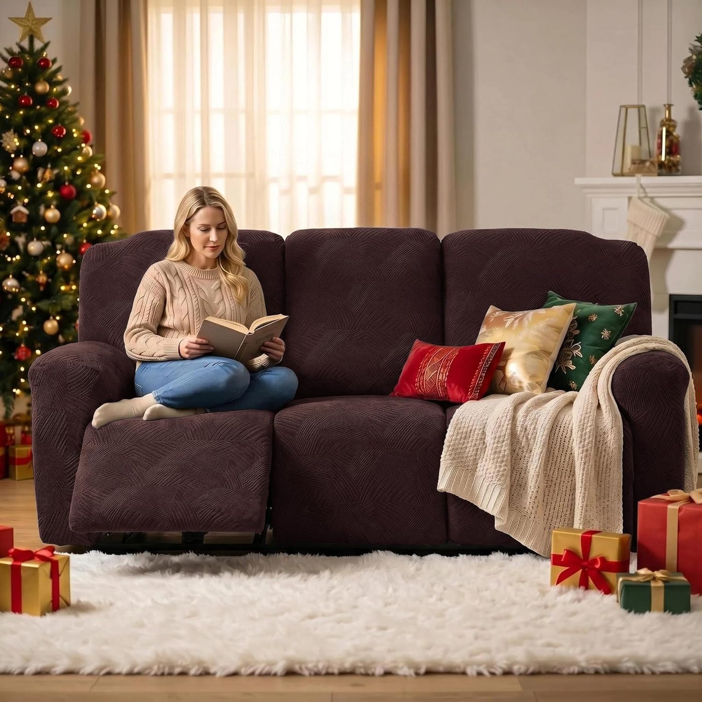 5-Piece Recliner Sofa Covers,Stretch Geometric Strokes Jacquard Recliner Sofa Slipcovers,Seamless Furniture Protector with Pocket,Soft Breathable Couch Cover,3 Seater Chocolate