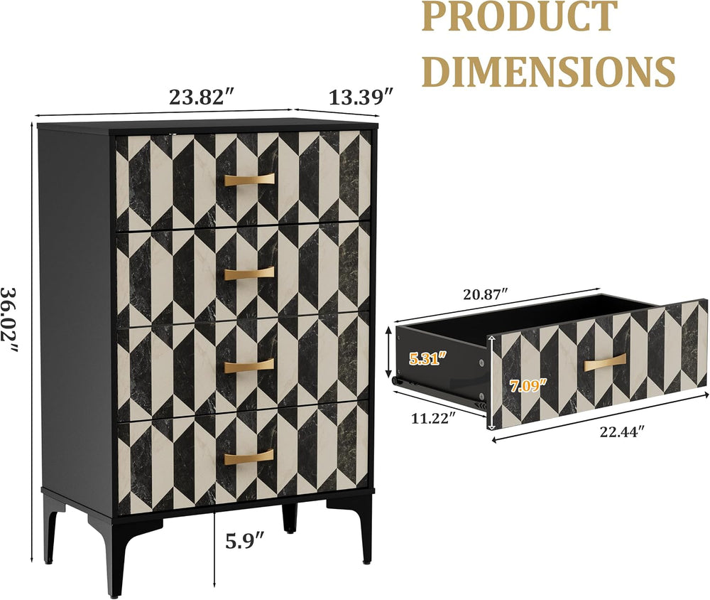 Anbuy Faux Marble 4 Drawers Dresser for Bedroom, Black and White Marble Moder...