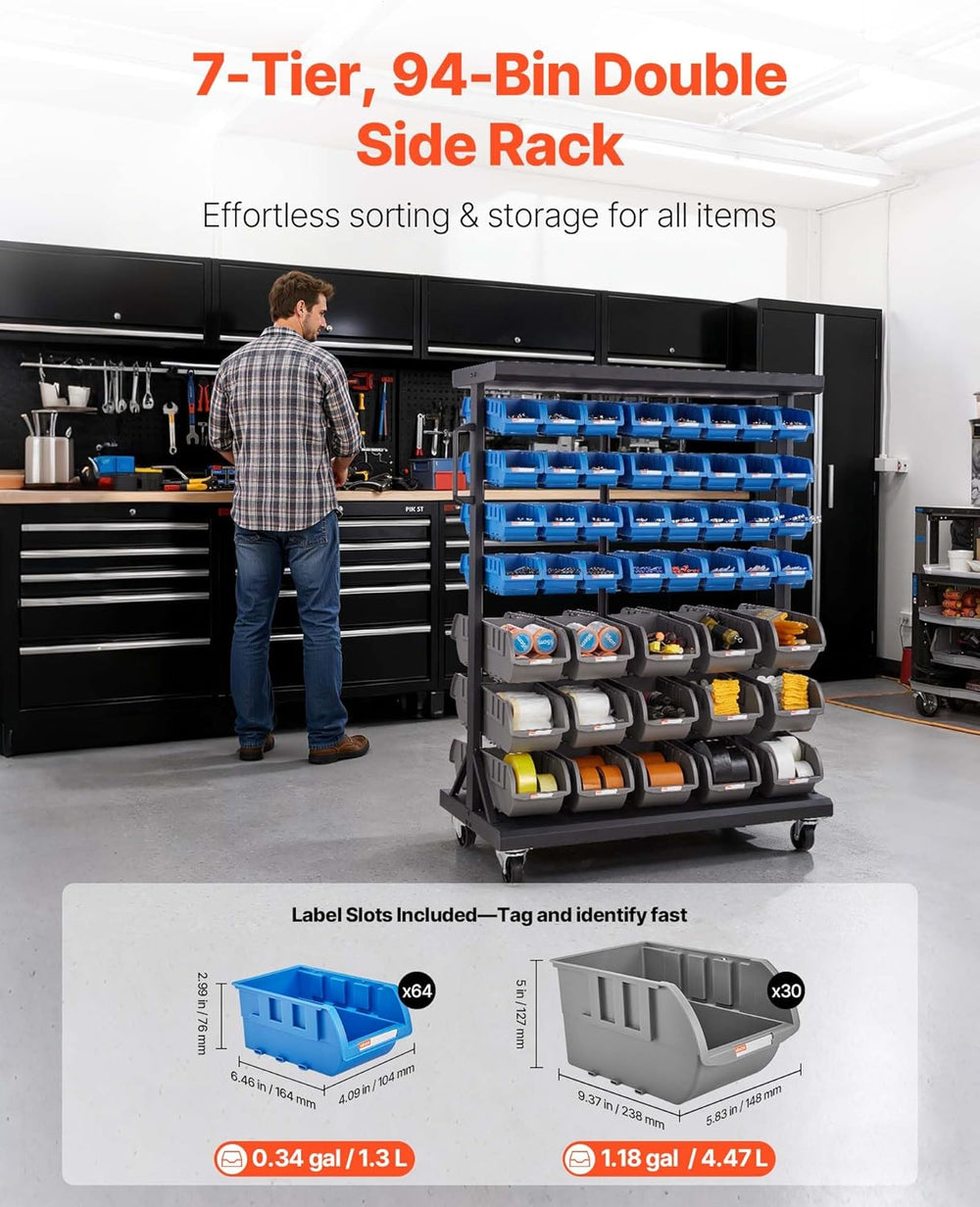 VEVOR 7-Tier Double-Sided Rolling Bin Storage Rack, 94 Plastic Bins, Dual-Sid...