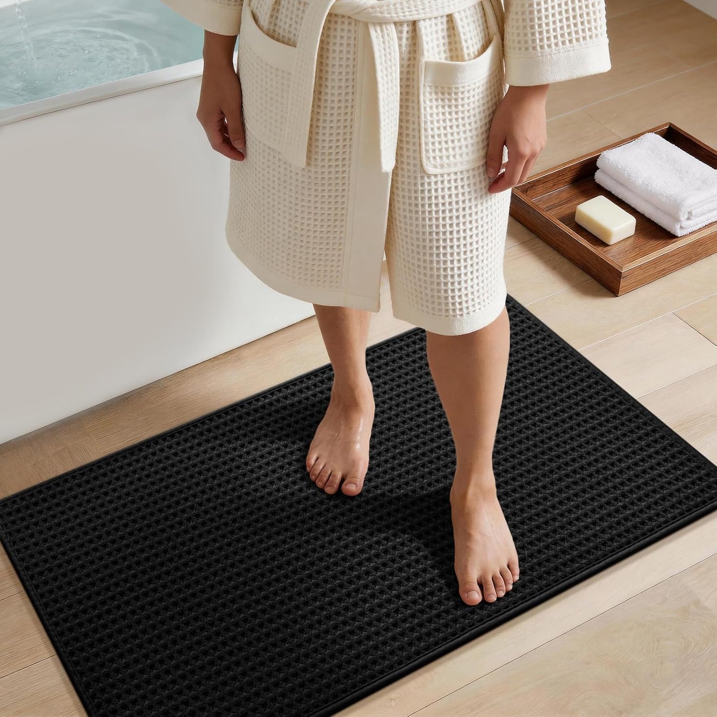 YIHOUSE Waffle Bath Mat Set, Ultra Soft & Absorbent Bathroom Rug Set, Non-Slip Rubber Backed, Quick Dry Shower Mat, Boho Farmhouse Bathroom Decor, Machine Washable, Black, 2 PCS