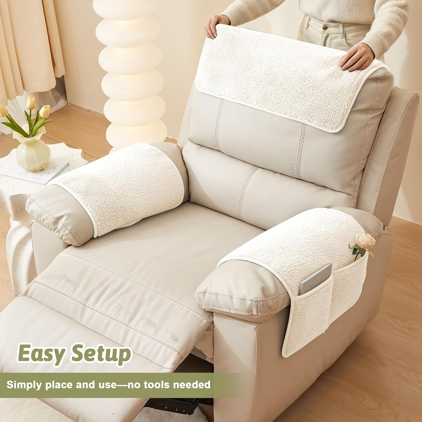 Universal Sherpa Recliner & Armchair Covers with Pockets, Soft Sofa Armrest Backrest Protectors, Pet Friendly Washable Arms Caddy Slipcovers for 3-Cushion Couch, Ivory