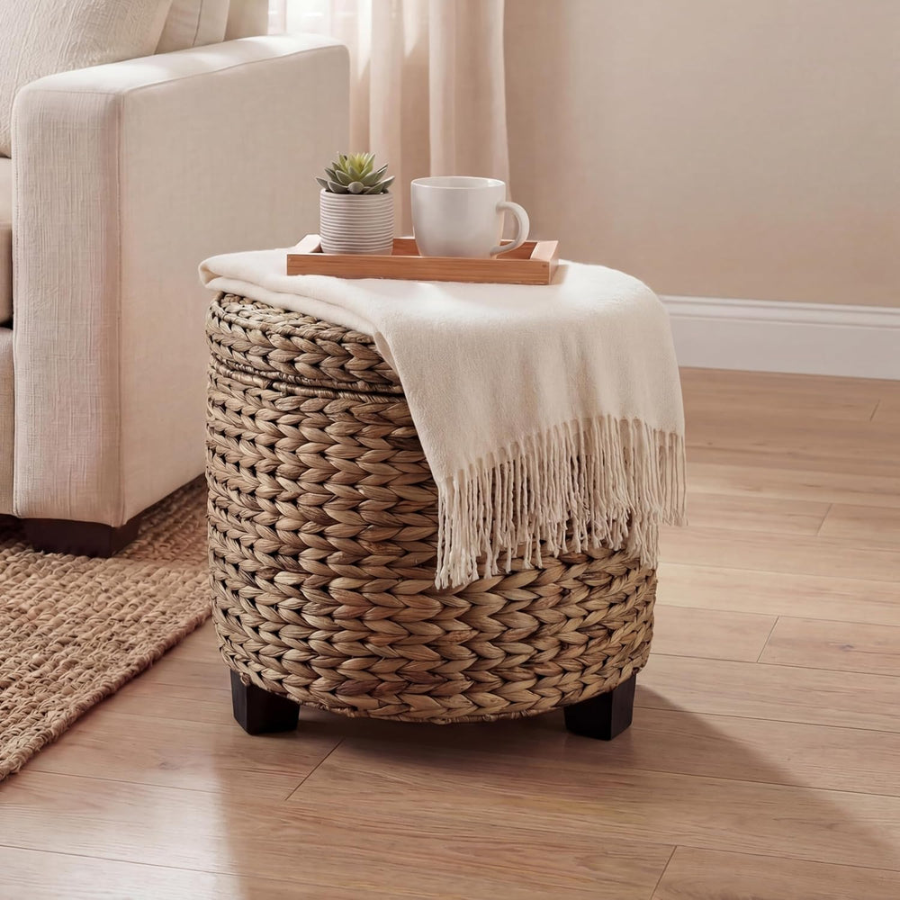 happimess Addie Handwoven Water Hyacinth Storage Ottoman 17.72", Brown Wash
