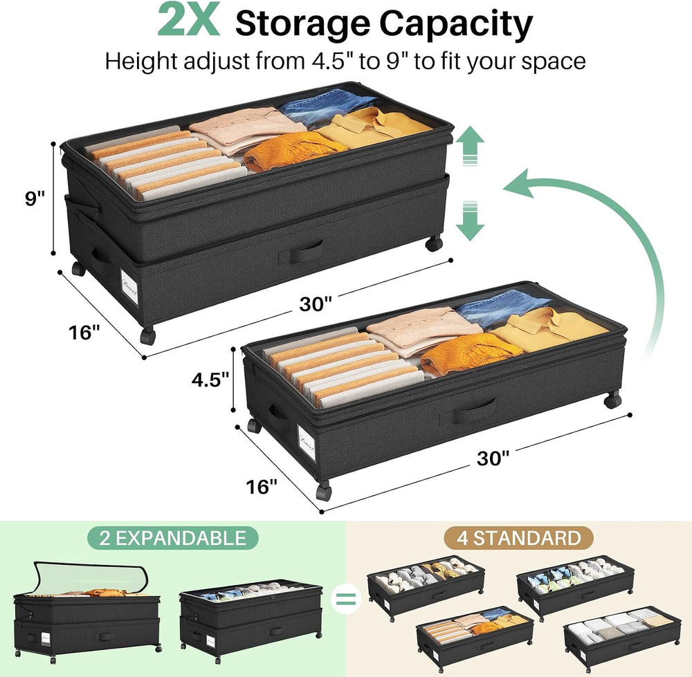 Kitstorack 4 Pack Height-adjustable Under Bed Storage with Wheels, Under Bed ...