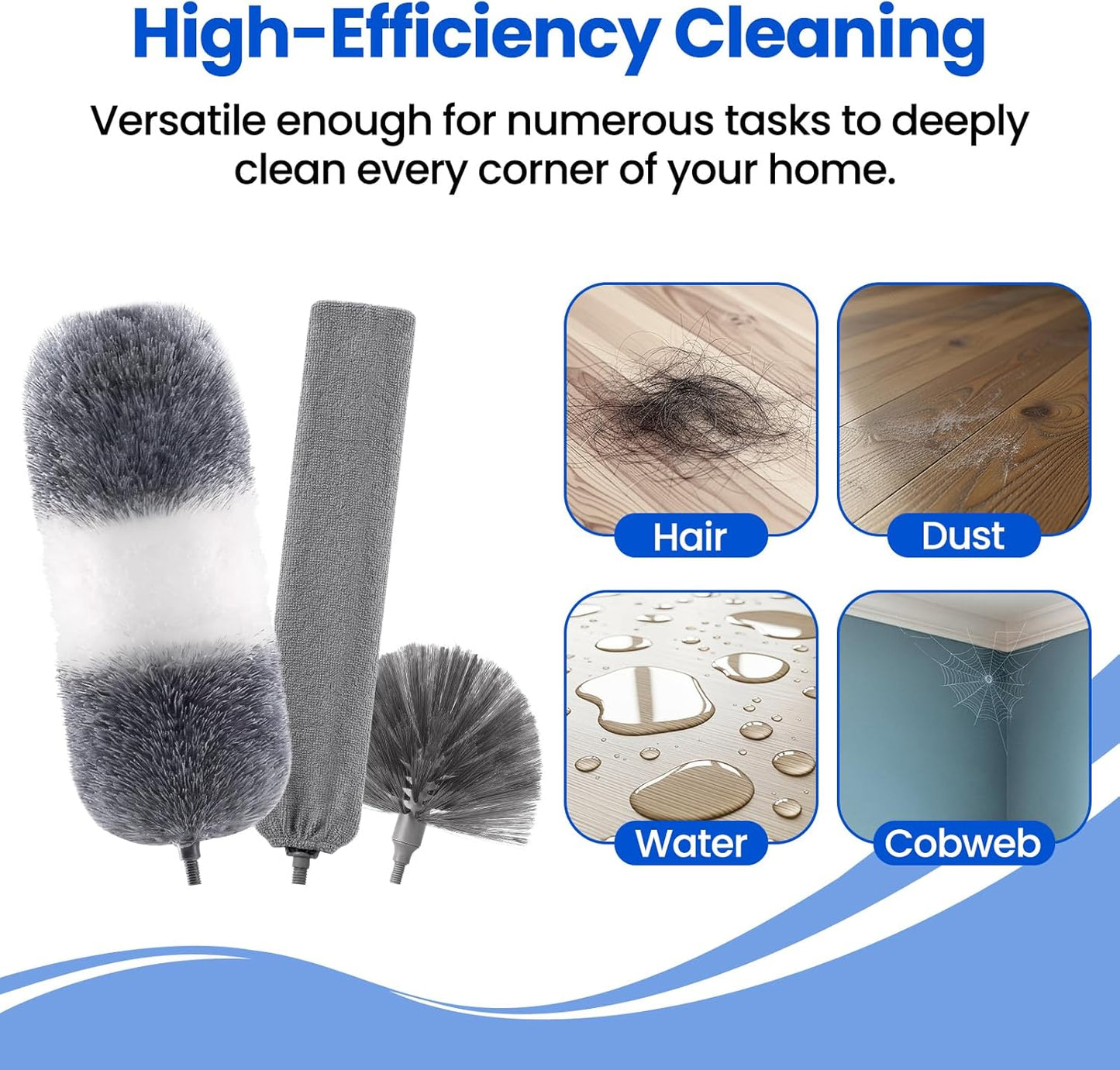 Extra-Long Dusters Kits with Extension Pole, Cobweb Duster, Microfiber Dusting Clothes for Gap, 5 in 1 Cleaning Tools with Extendable Long Handle, Blinds, High Ceilings and Fans, Cars and Furniture