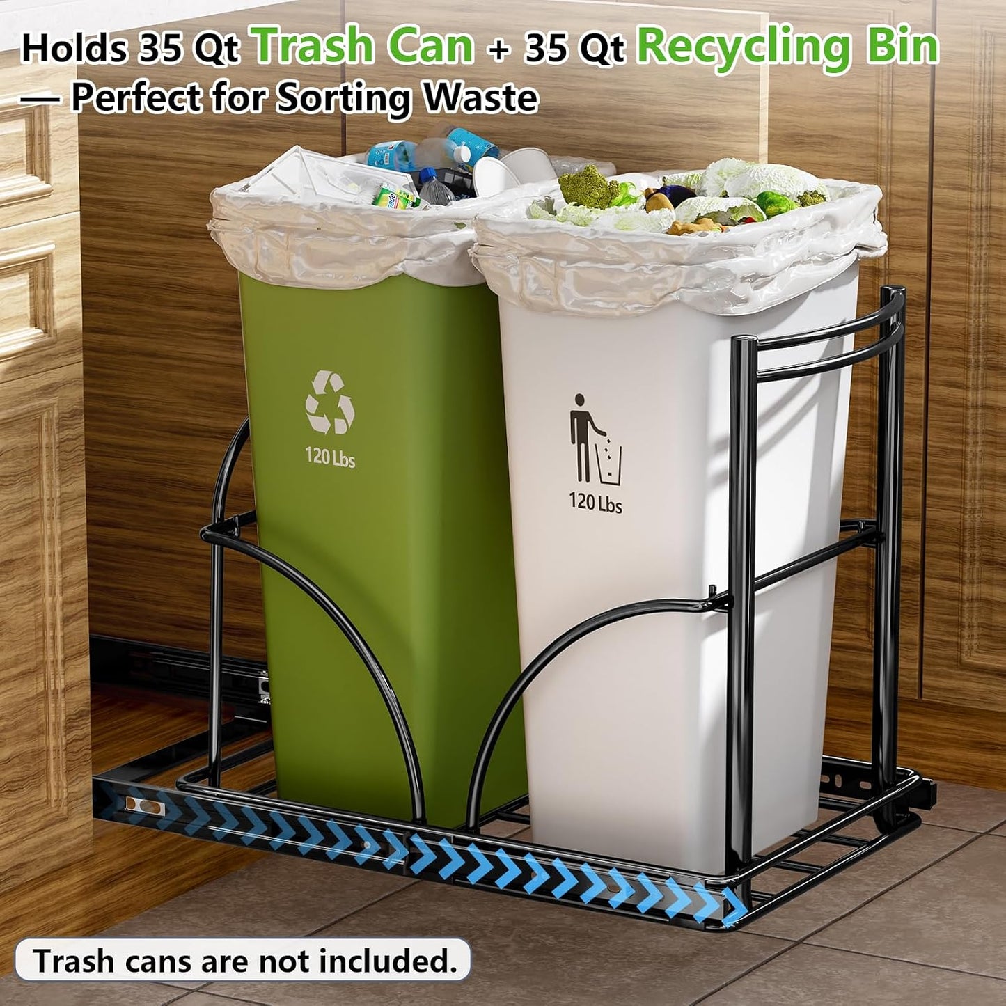 Dual Trash Can Pull Out Under Kitchen Sink Counter, NO CAN, Slider | For 35Qt Bins(7-9 Gal), Recycling Bin & Garbage Can Pullout Kit, Quiet Close Sturdy Shelf, Requires Cabinet ≥16"W*17"H*23"D