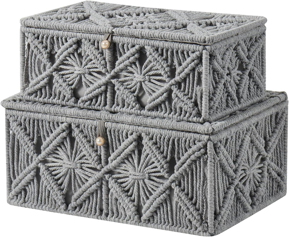 2PCS Decorative Boho Storage Basket with Lid Natural Macrame Box
