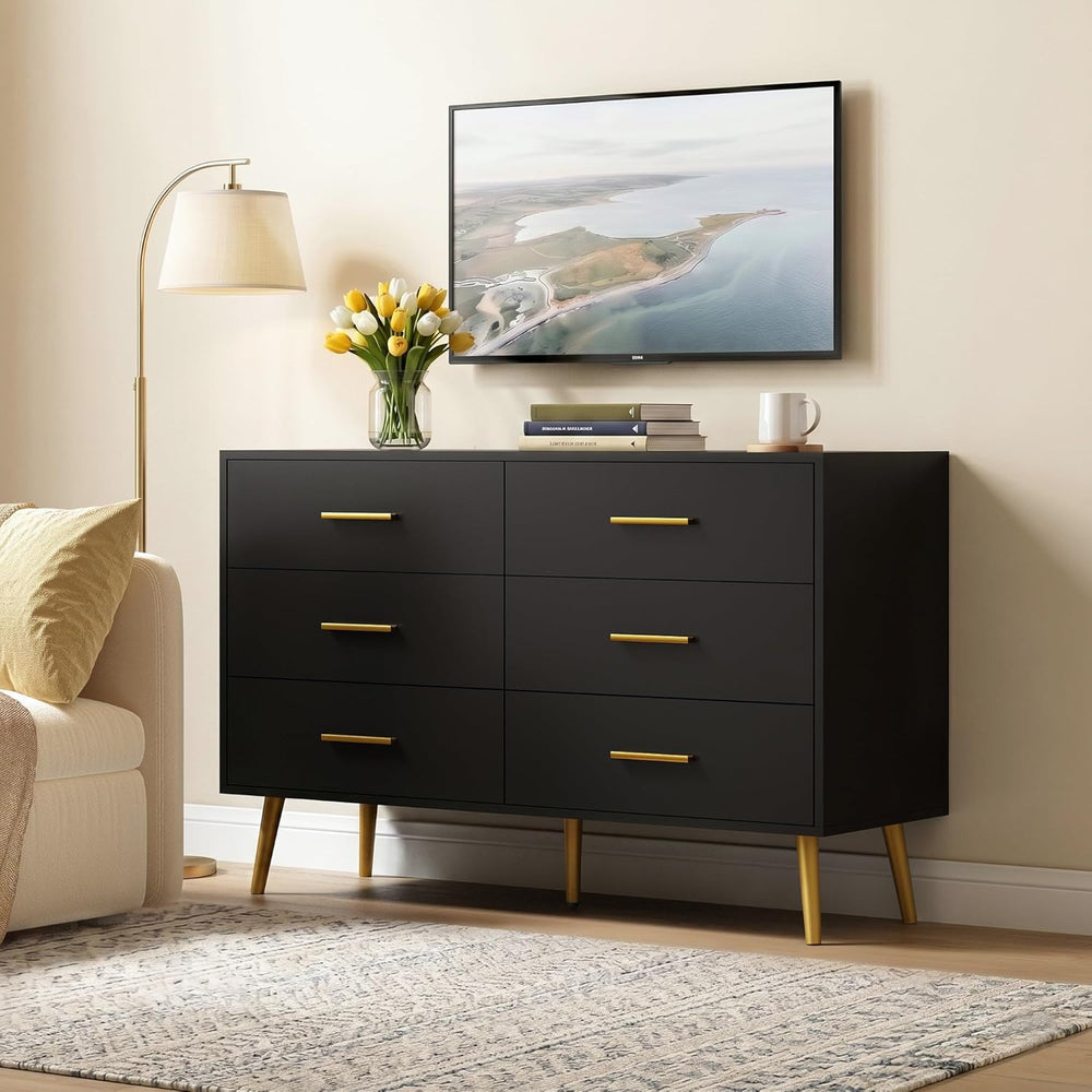 Black 6 Drawer Dresser for Bedroom, 47" Wood Dresser with Gold Handles.