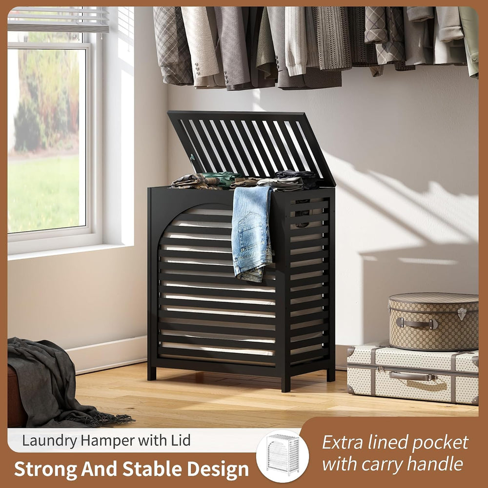 Laundry Hamper with Lid, Bamboo with Handles and Removable Liner Bag, 125L La...