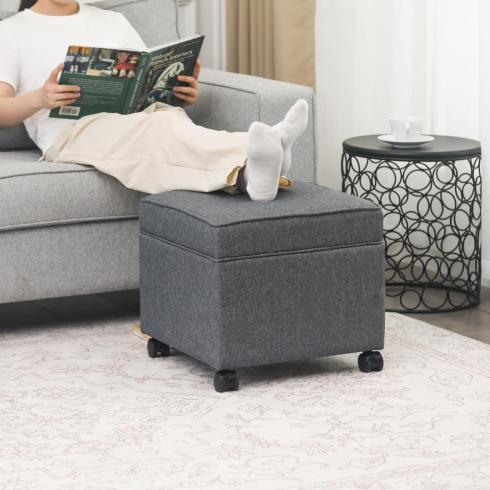 17" Square Storage Ottoman with Wheels, Upholstered Linen Movable Cube F...