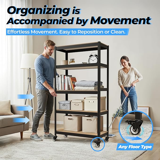 HOMEDANT House 5-Tier Metal Rolling Cart Shelf Rack Casters Heavy Duty - Image 6