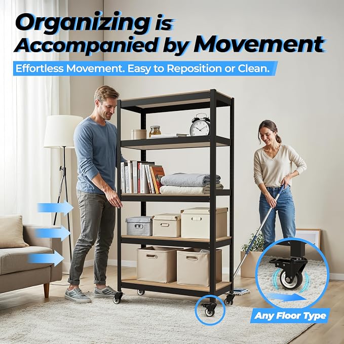 HOMEDANT House 5-Tier Metal Rolling Cart Shelf Rack Casters Heavy Duty Wheel - Image 6