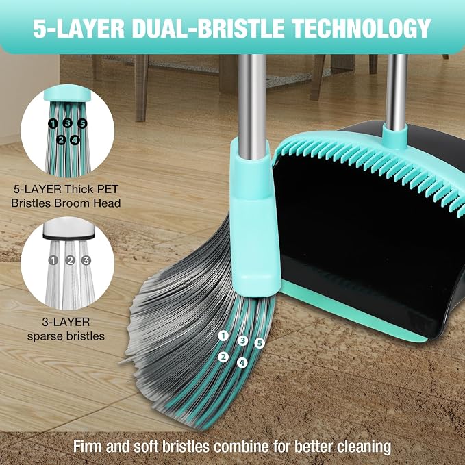 Broom with Dustpan Combo Set, Pet Hair Rubber Broom with Carpet Rake and - Image 3
