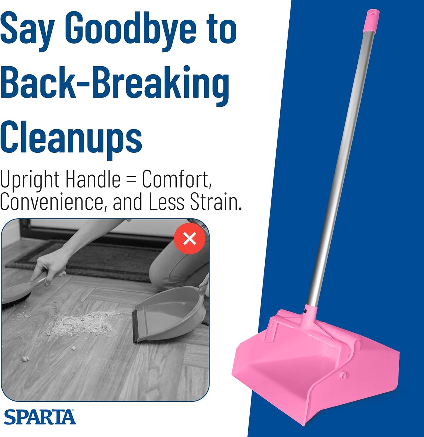 SPARTA Color Coded Upright Dustpan with 30 Inch Aluminum Handle, Serrated Edge and Locking Yoke, Standing Commercial Floor Dust Pan, Pink