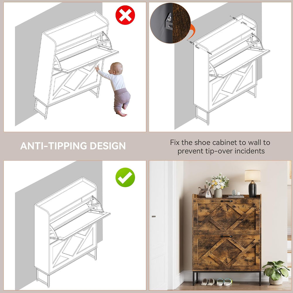 Nicetree Shoe Storage Cabinet with 2 Flip Drawers, Freestanding Wood Shoe Org...