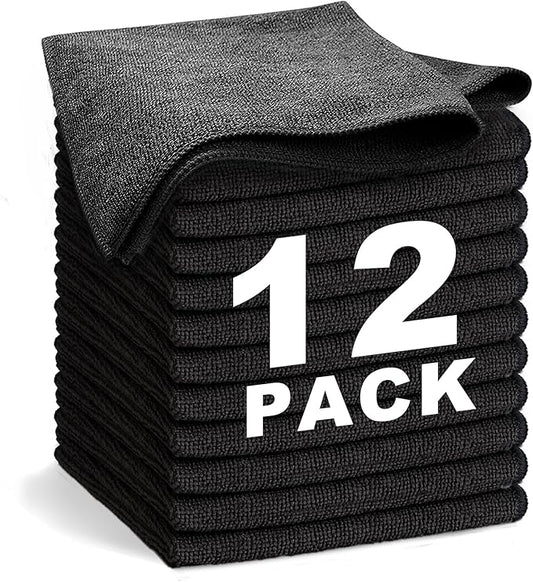 Black Microfiber Cleaning Cloth 13"x13", Ultra Soft Absorbent Microfiber by WEAWE