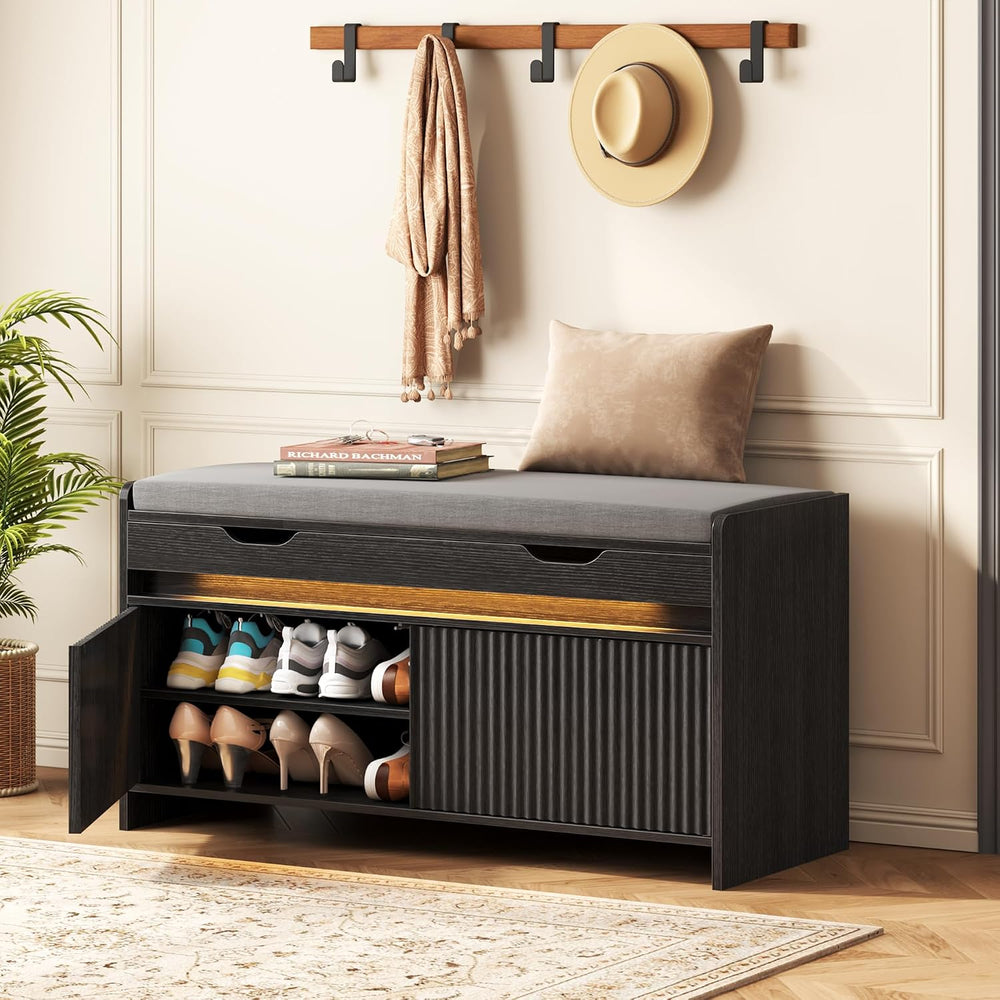 HOMEFORT Shoe Storage Bench, Modern Entryway Bench with Fluted Doors & Bu...