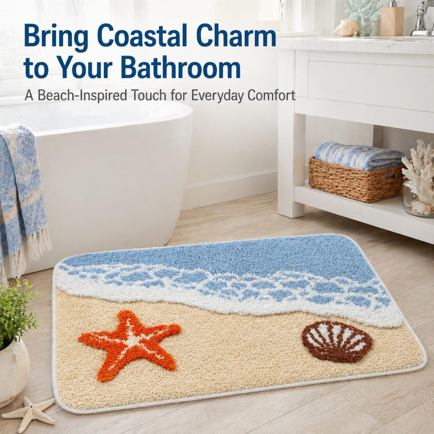 Beach Bathroom Rug 20 x 32 Inch, Coastal Ocean Wave Bath Mat with Starfish and Seashell Design, Soft Absorbent Plush Rug with Textured Backing for Tub, Shower, Sink, Vanity Floor Decor