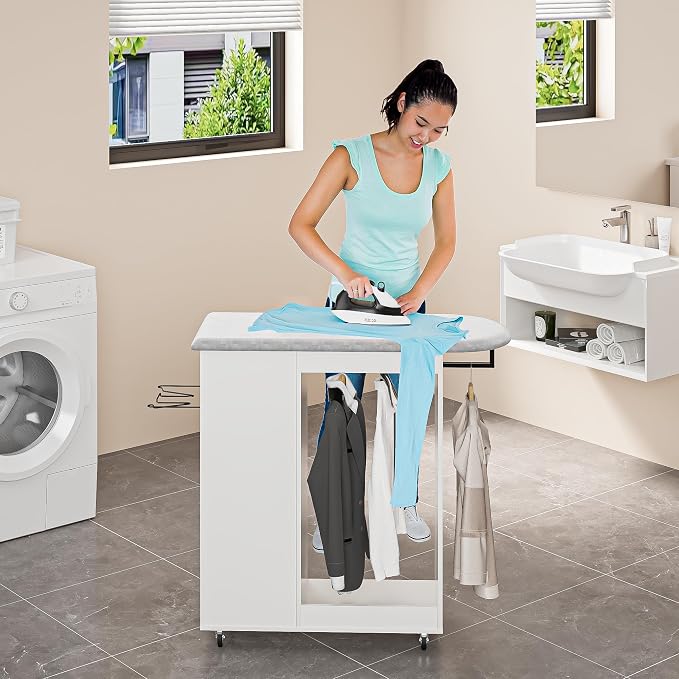 Rolling Ironing Board with Storage Cabinet, Ironing Table with Heat-Resistant - Image 5
