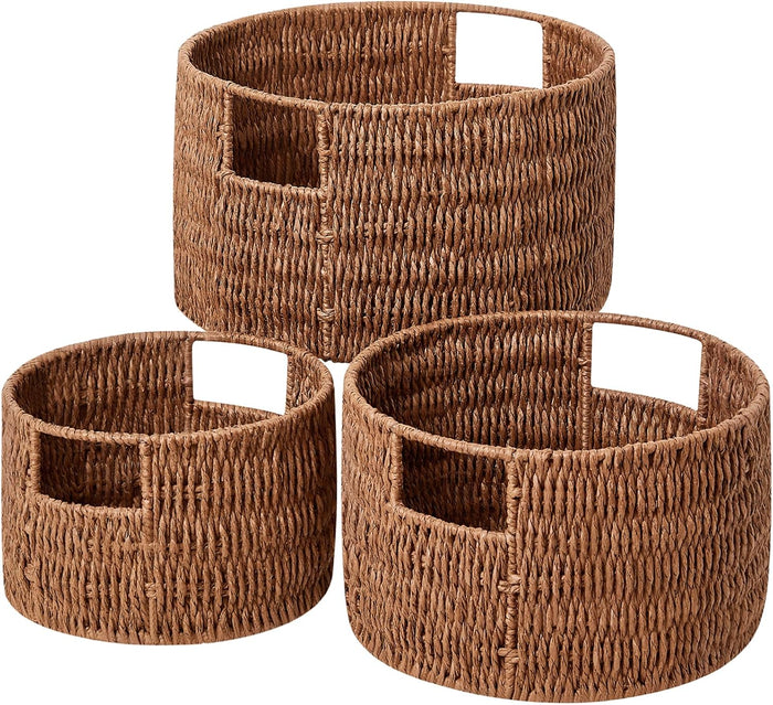 Vagusicc Wicker Storage Basket, Hand-Woven Paper Rope Large Round Woven Basket With Handles, Wicker Baskets for Organizing/Storage, Brown, 3-Pack