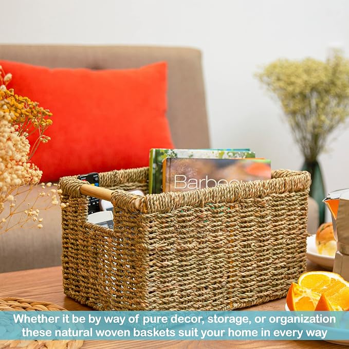 Natural Seagrass Basket with Wooden Handle, Medium Rectuangular Wicker Basket - Image 8