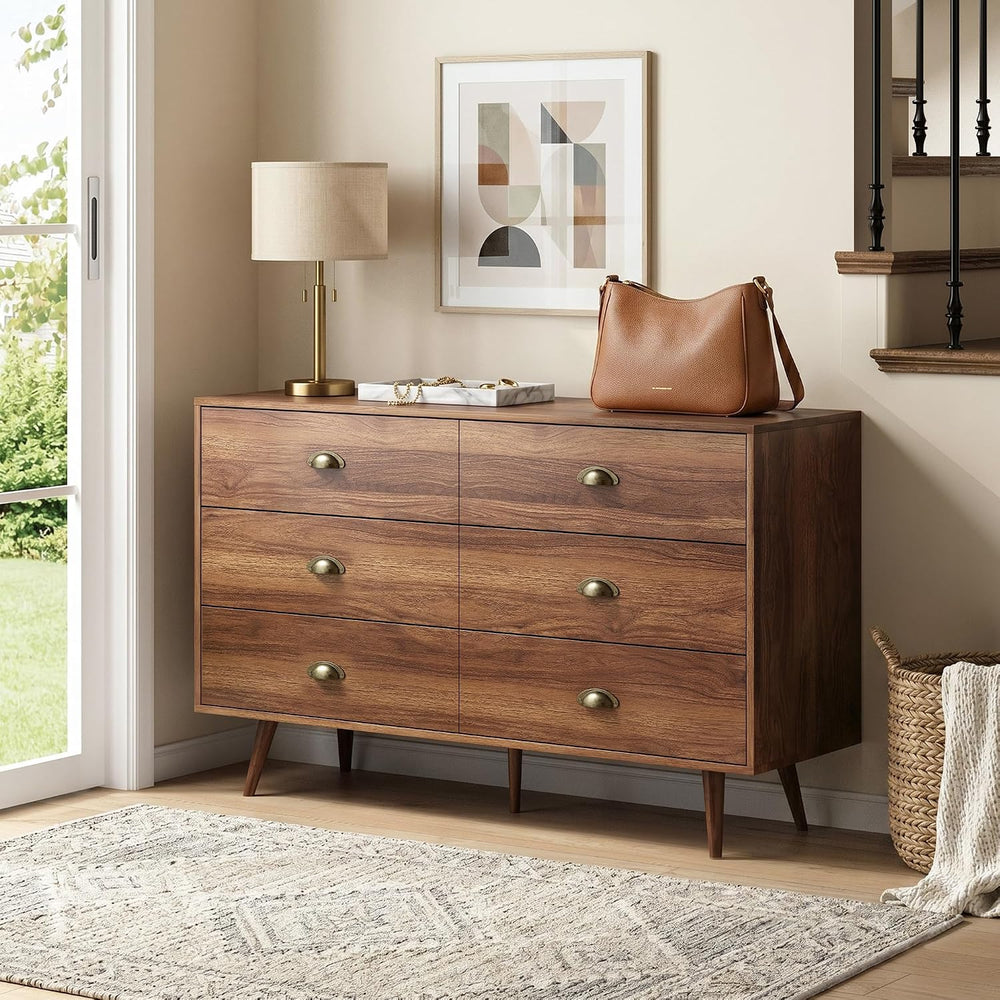 Walnut 6 Drawer Dresser for Bedroom, 47" Wood Dresser with Gold Handles.