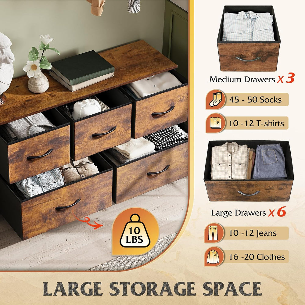 WLIVE Wide Dresser for Bedroom, 5 Drawer Chest of Drawers, Rustic Brown