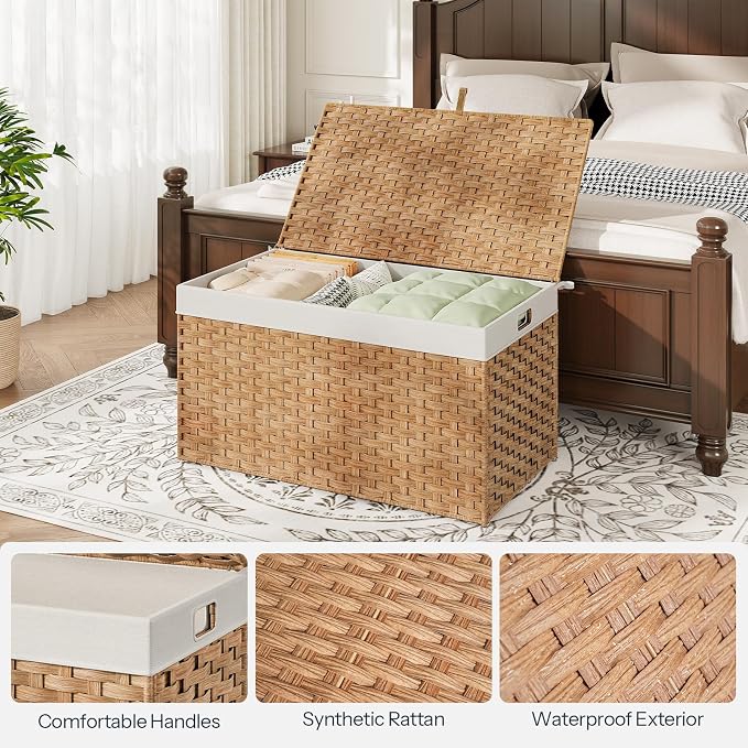 HOOBRO Storage Basket with Lid, 42.3 Gallon Wicker Basket, Handwoven Blanket - Image 7