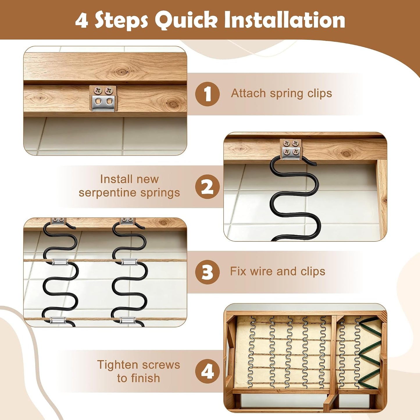 Couch Spring Repair Kit to Fix Sofa Support for Sagging Cushions - Includes 4pk of Springs, Upholstery Spring Clips, Seat Stay Wire, Screws-Sofa Upholstery Replacement Kit