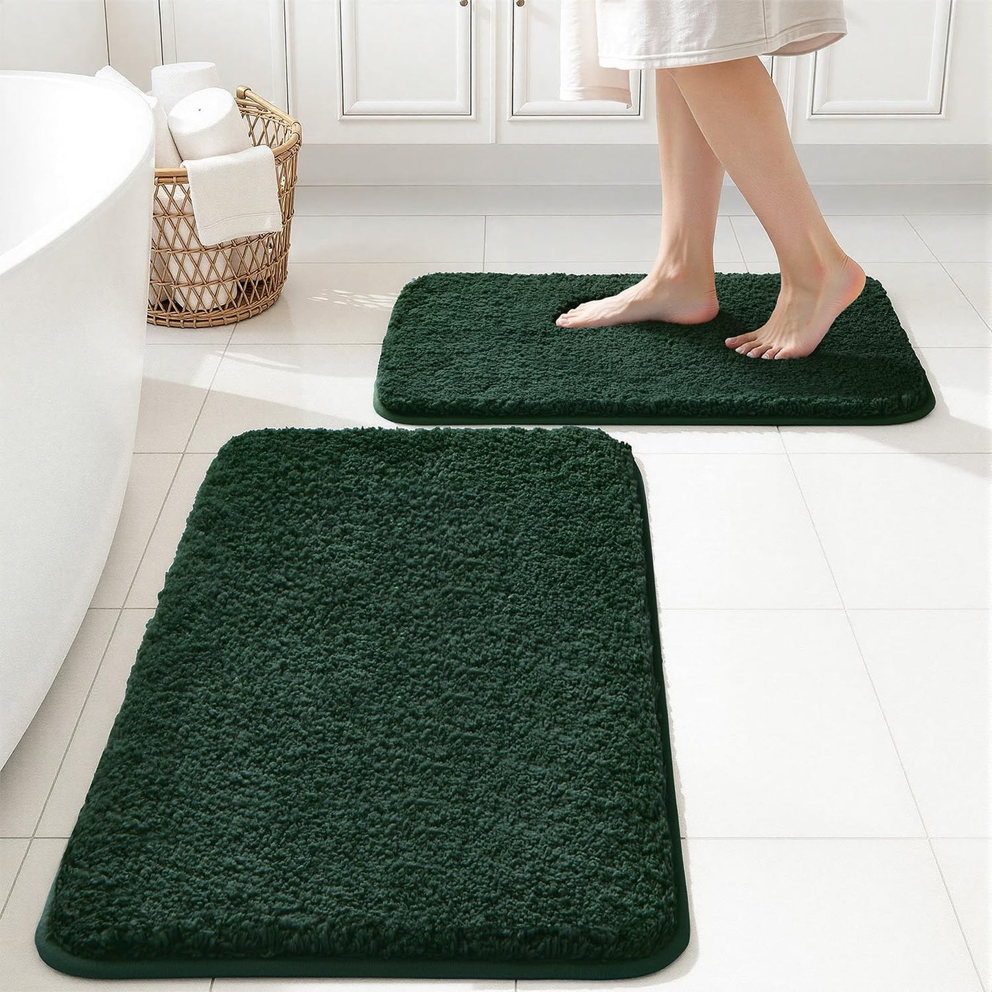 MIULEE Dark Green Bathroom Rugs Set 2 Piece, Soft Absorbent Microfiber Bath Mat Set, Non Slip Quick Dry Machine Washable Plush Shaggy Bath Rugs for Bathroom Floor, Tub and Shower, 16x24 inches