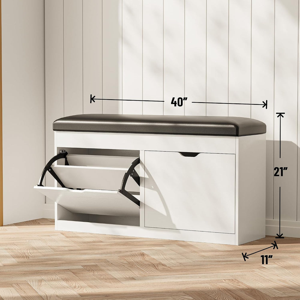 40" Shoe Storage Bench with 2 Flip Drawers & Padded Seat Cushion, Sh...
