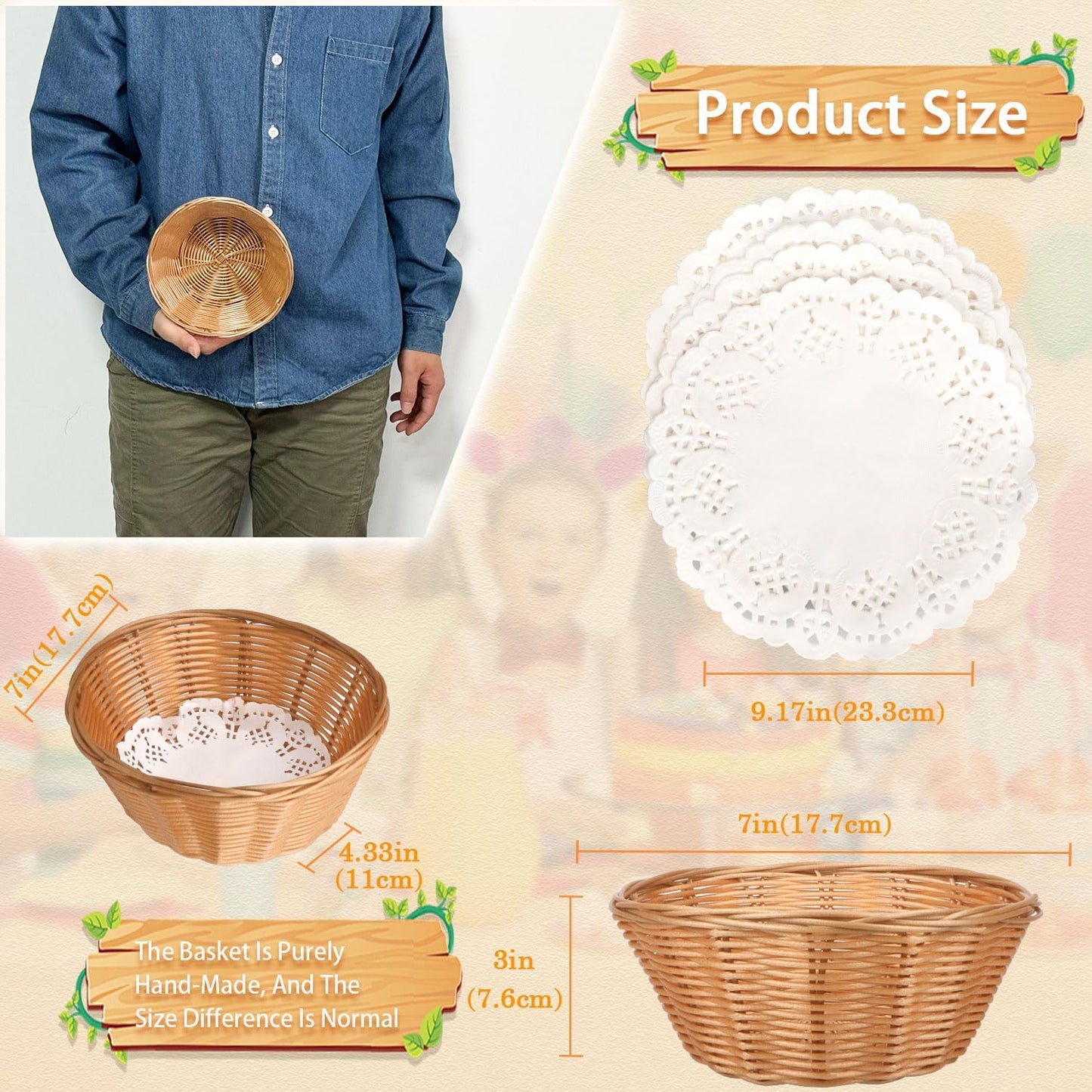 12 Pcs Round Small Plastic Bread Basket, Wicker Basket for Serving 7x7x3 Inch Woven Food Storage Basket, Fruit Basket, Gift Basket (Comes with Food Blotting Sheets) Brown