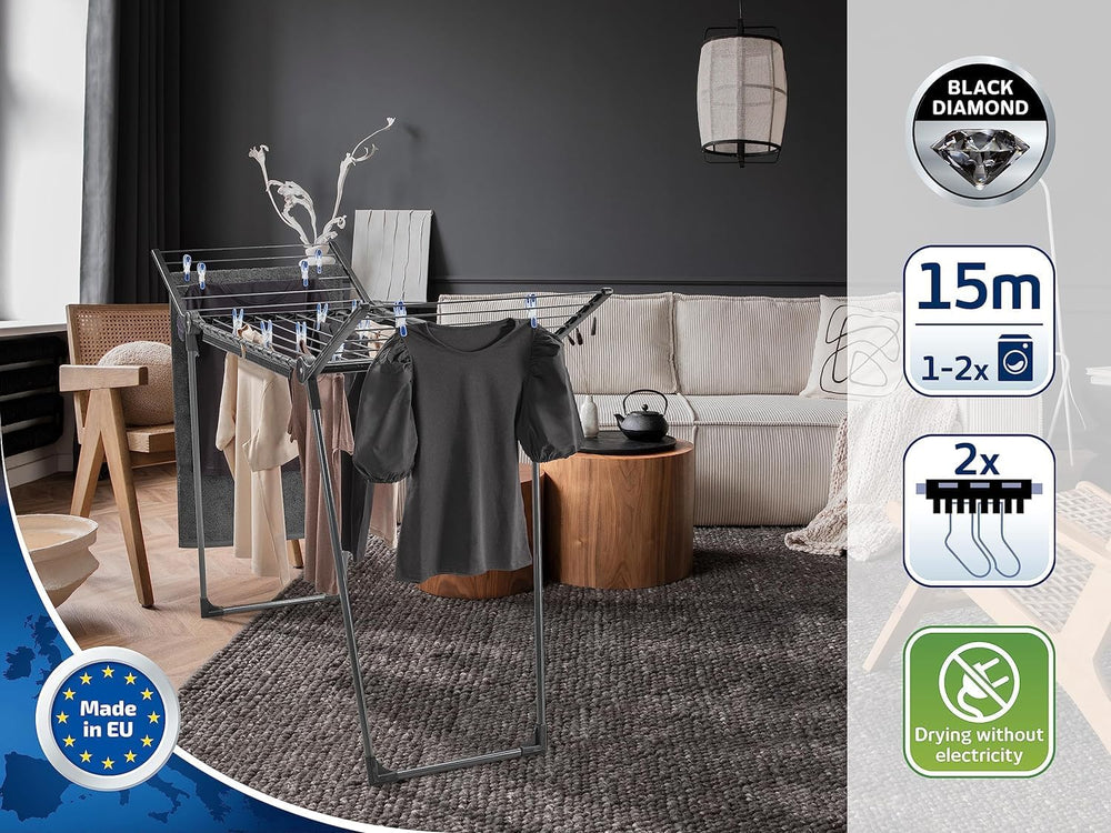Leifheit Pegasus 150 Solid Slim Black Edition Clothes Airer, Stable Tumble Dr...