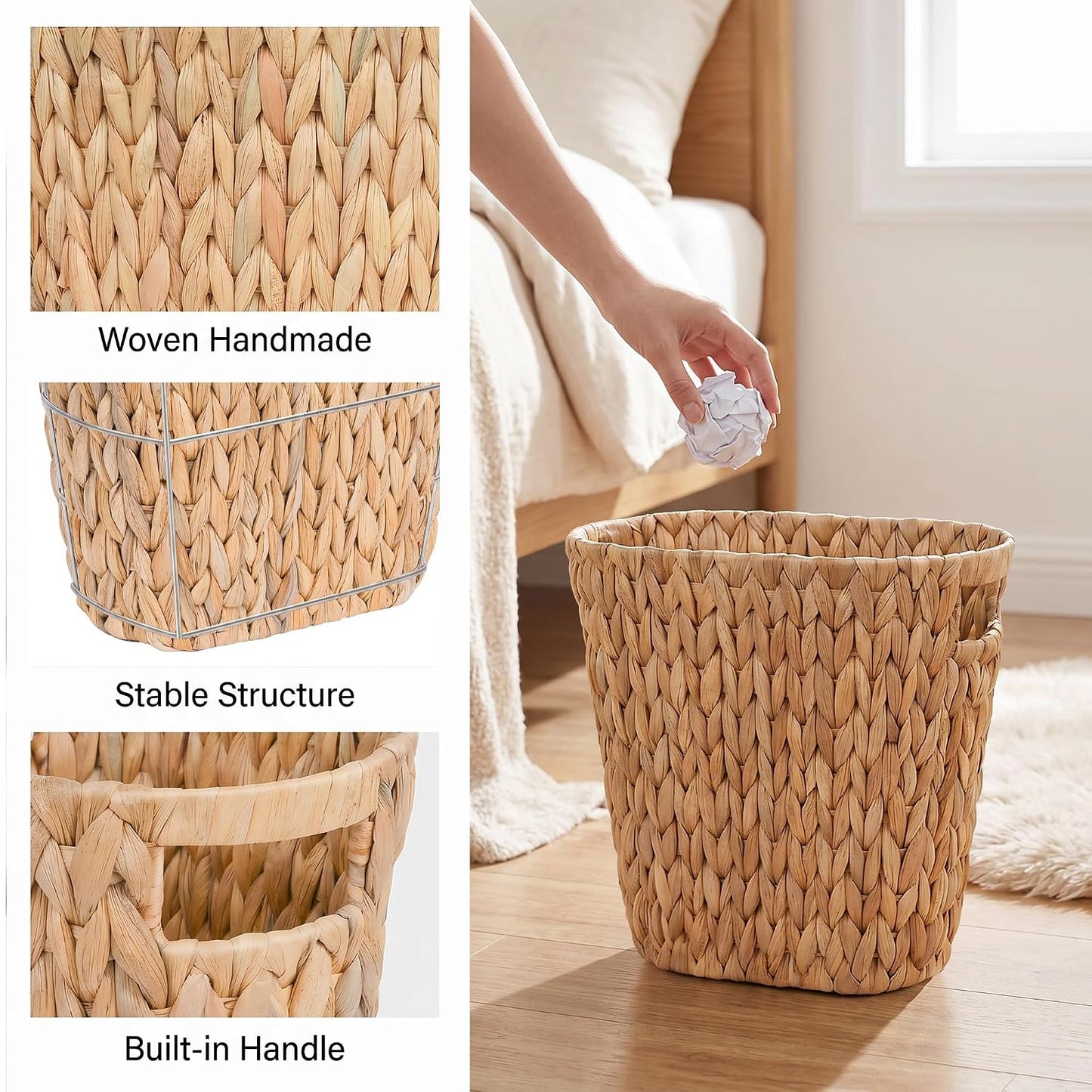 iEGrow 2 Pack Wicker Trash Can, Wicker Waste Basket for Bathroom, Woven Water Hyacinth Wicker Boho Garbage Can Built-in Handles for Bedroom, Office, Decor Home, Kitchen, Living Room (Oval)