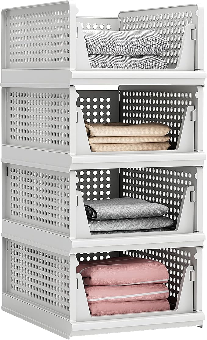 Proarea Stackable Plastic Storage Basket Closet Organizer Bin Foldable Clothes - Image 8