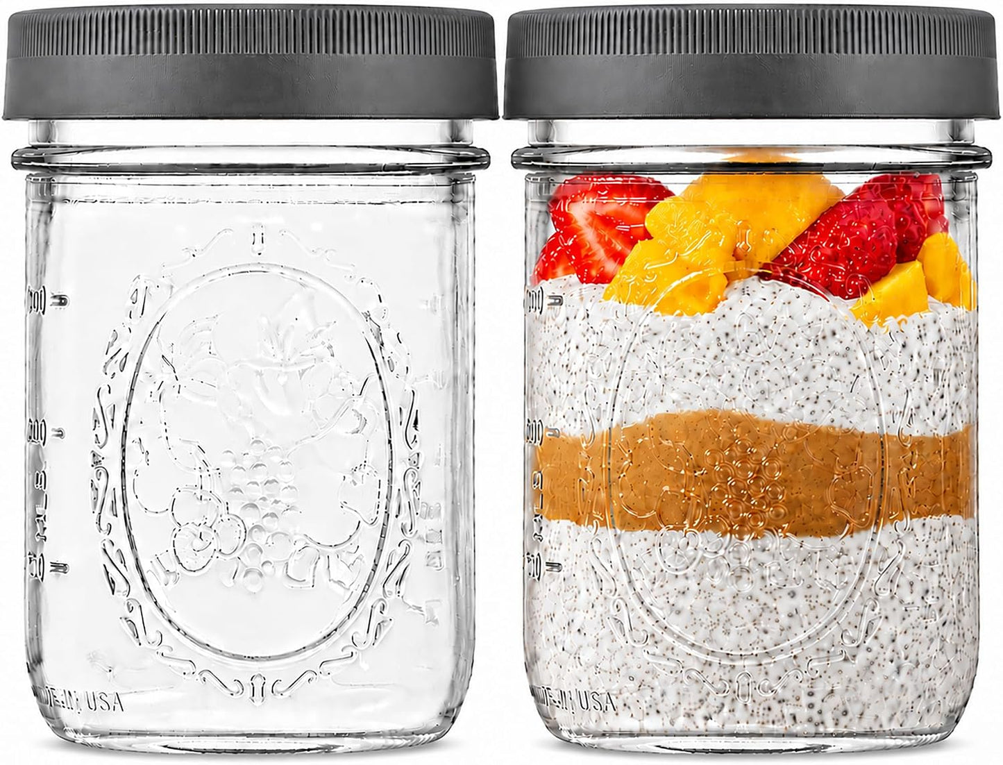 Wide Mouth Mason Jars 16 oz [2-Pack] with Airtight Lids – Glass Jars for Overnight Oats, Yogurt Parfait & Chia Pudding | BPA-Free Leak-Proof Lids