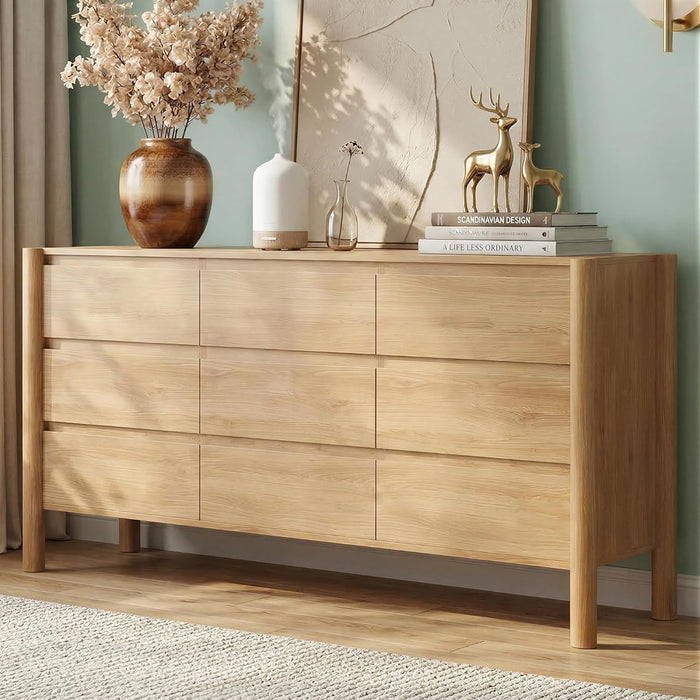 CHUWELL 63" Wide Oak 9 Drawer Dresser for Bedroom with Solid Wood Legs