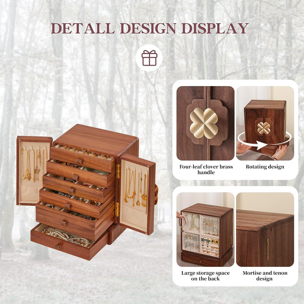 Wooden Jewelry Box for Women Girls, Large Walnut Wood Organizer