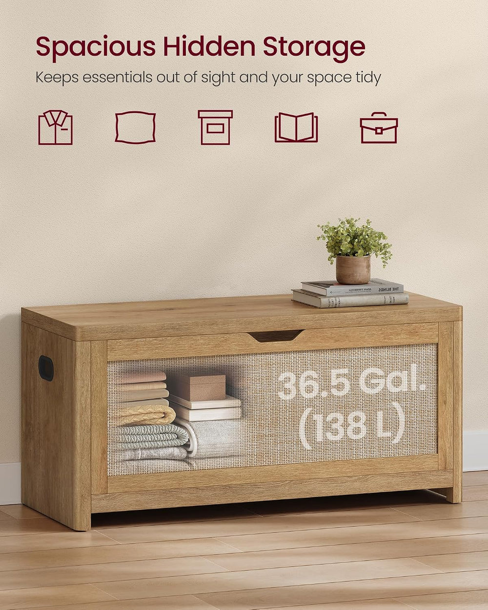 VASAGLE Boho Storage Bench with Rattan Look, Rounded Corners