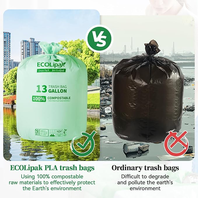 ECOLipak 13 Gallon Compostable Trash Garbage Bags, US BPI ASTM D6400 and OK - Image 4