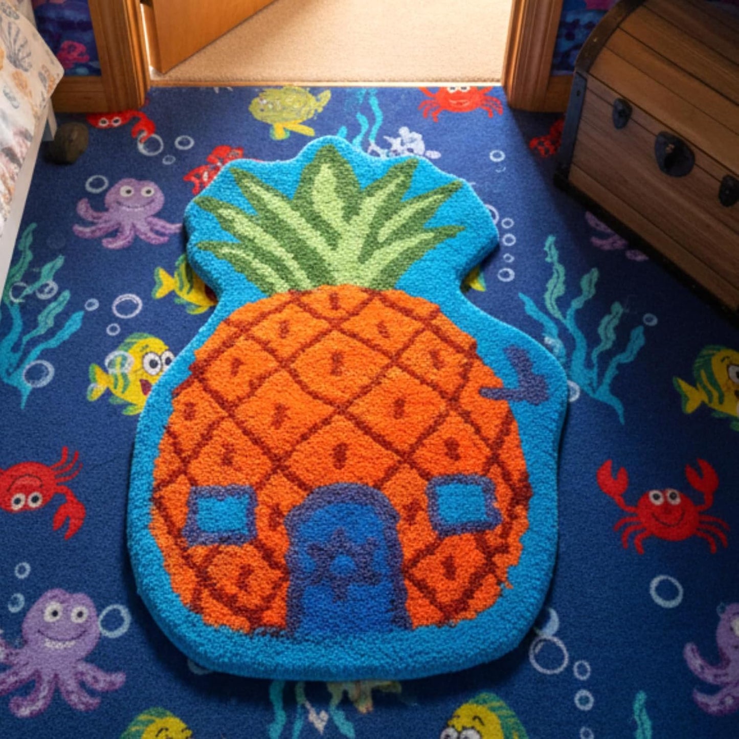Pineapple House Bathroom Rug Cartoon Sponge Rug Anime Decorative Bathroom Doormat Non-Slip Area Doormat Cartoon Pineapple Indoor Mat Machine Washable Carpet Cut Yellow House Carpet for Home Bedroom