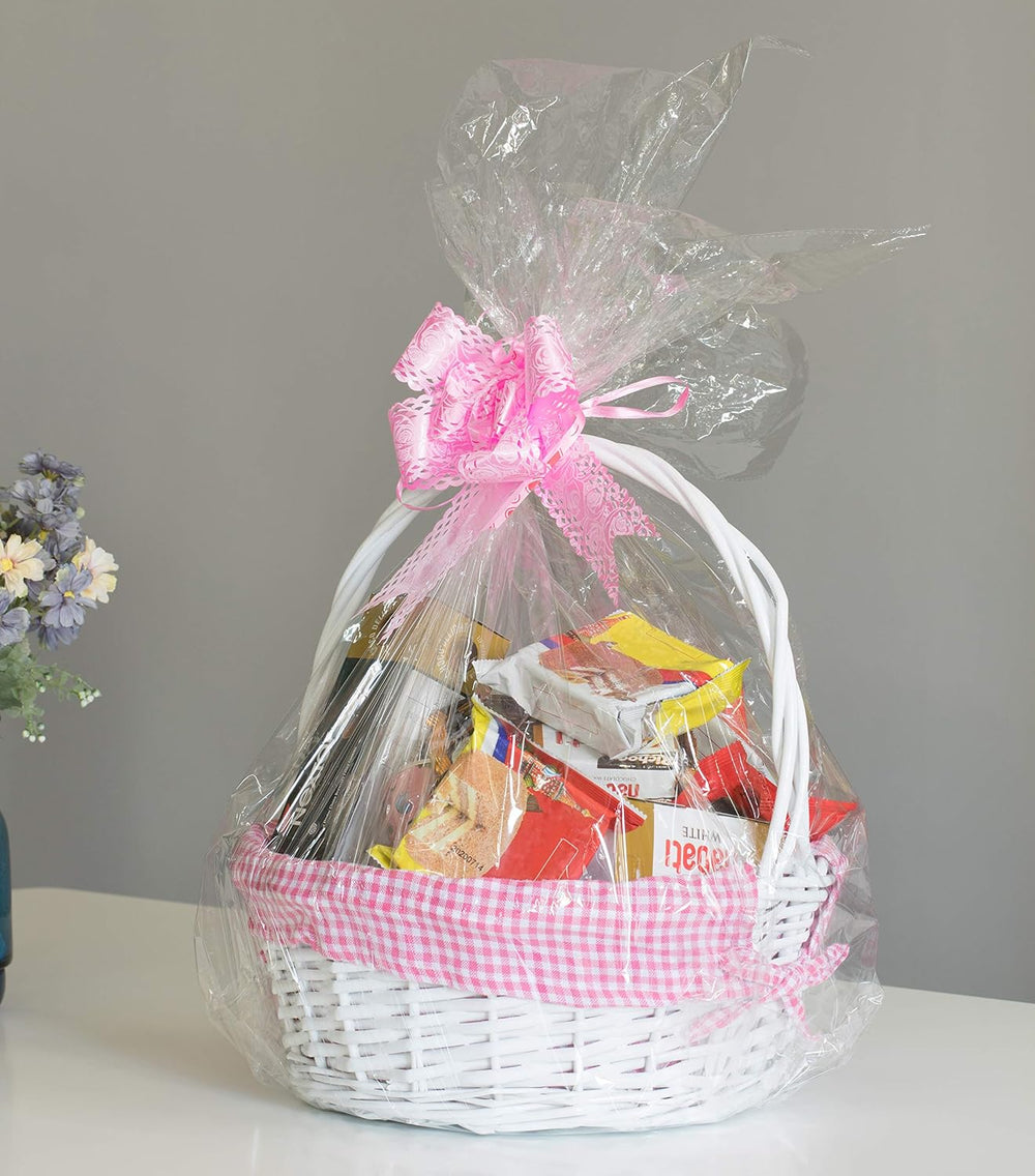 White Round Willow Gift Basket with Pink Gingham Liner & Handle, Mediun –...