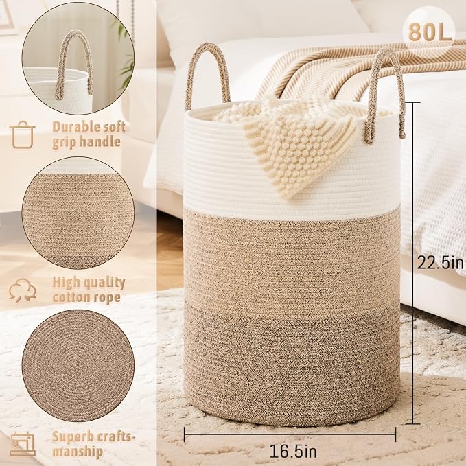 Laundry Basket, Woven Cotton Rope Laundry Hamper, 80L - Image 6