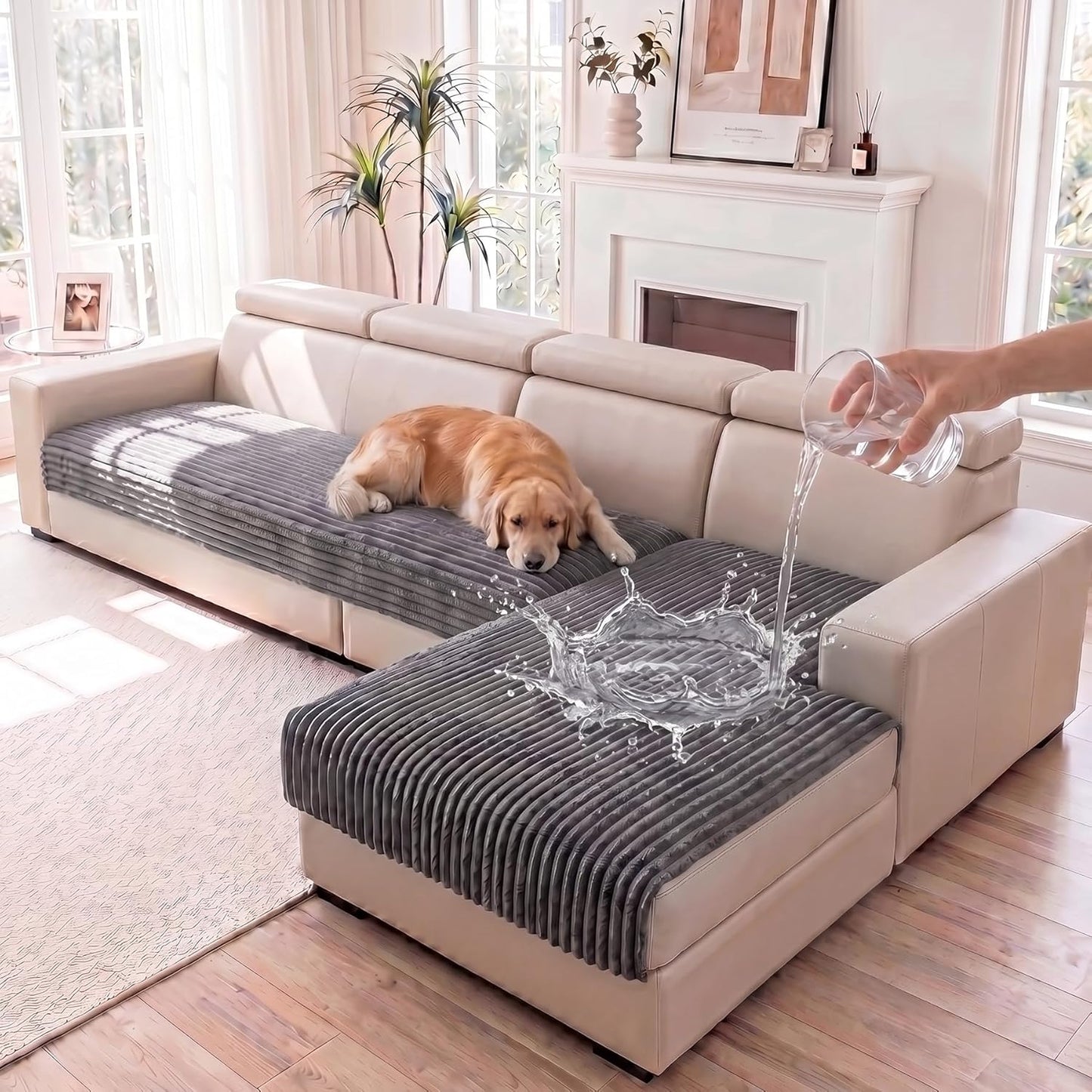 FUANGUI 2 Pack Waterproof Couch Cover for Sectional Sofa, Washable Pet Couch Covers for Dogs, Non Slip 2 PCS L Shaped Sofa Slipcover, Sofa Covers for 3 Cushion Couch Sofa Pet Friendly