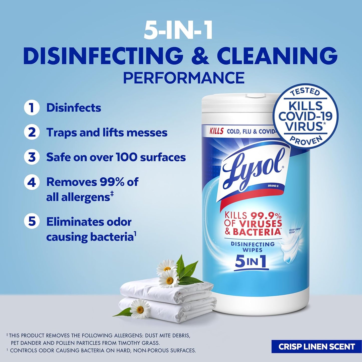 Lysol Disinfecting Wipes, Multi-Surface Cleaner, Crisp Linen, 80 ct. | All Purpose Cleaner, Sanitizing, Deodorizing, Apartment Essentials, Back To School Cleaning Supplies, Kitchen & Bathroom Wipe