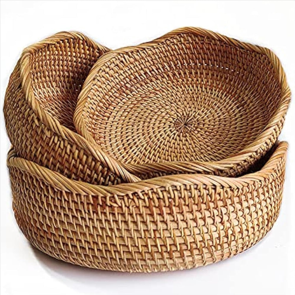 YANGQIHOME Rattan Bread Basket, Round Fruit Baskets, Wicker Storage Bowls, Na...