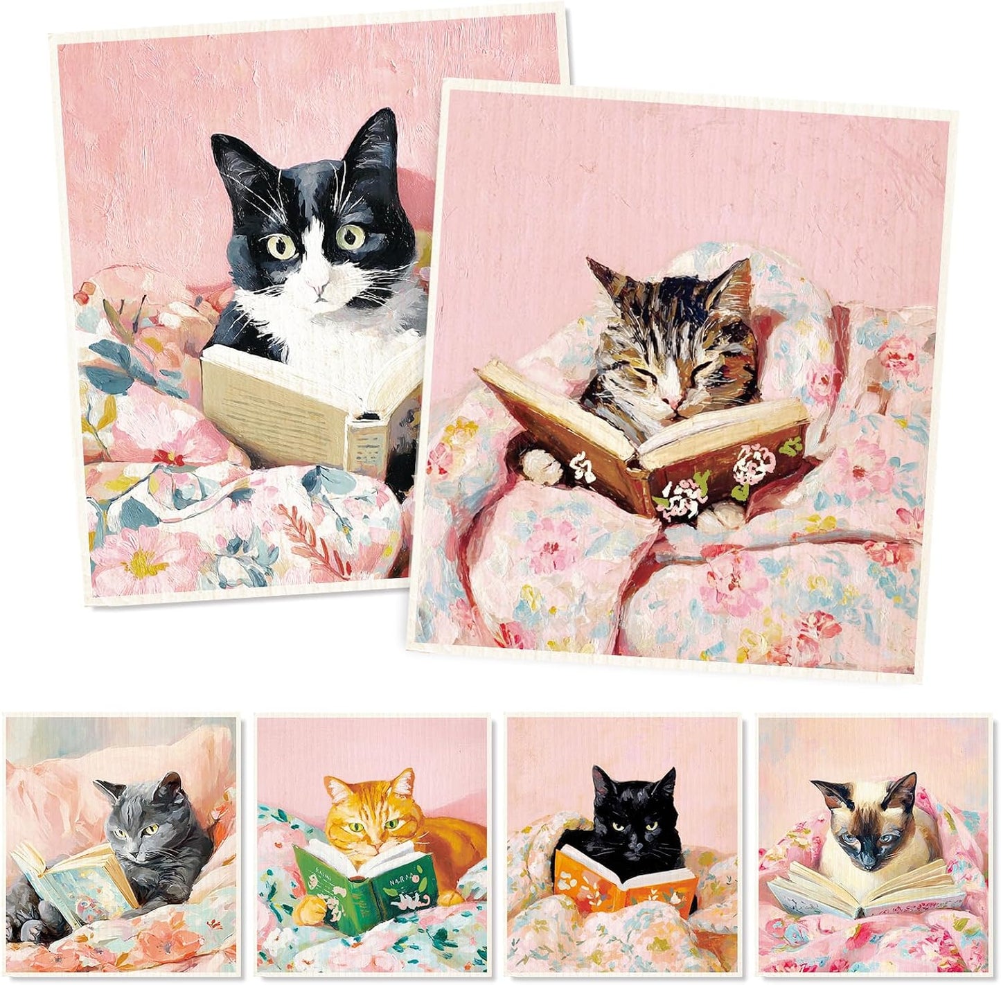JarThenaAMCS 6 Pcs Reading Cat Swedish Dishcloths Cotton Kitchen Towels 6 Designs Reusable Absorbent Dish Towels for Autumn Home Party Housewarming Cleaning, 7 x 8 Inch