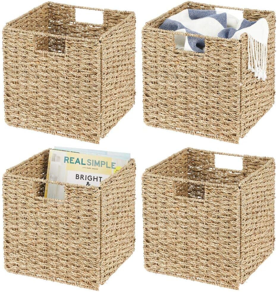 mDesign Seagrass Woven Cube Basket Organizer with Handles - Storage for Bedro...