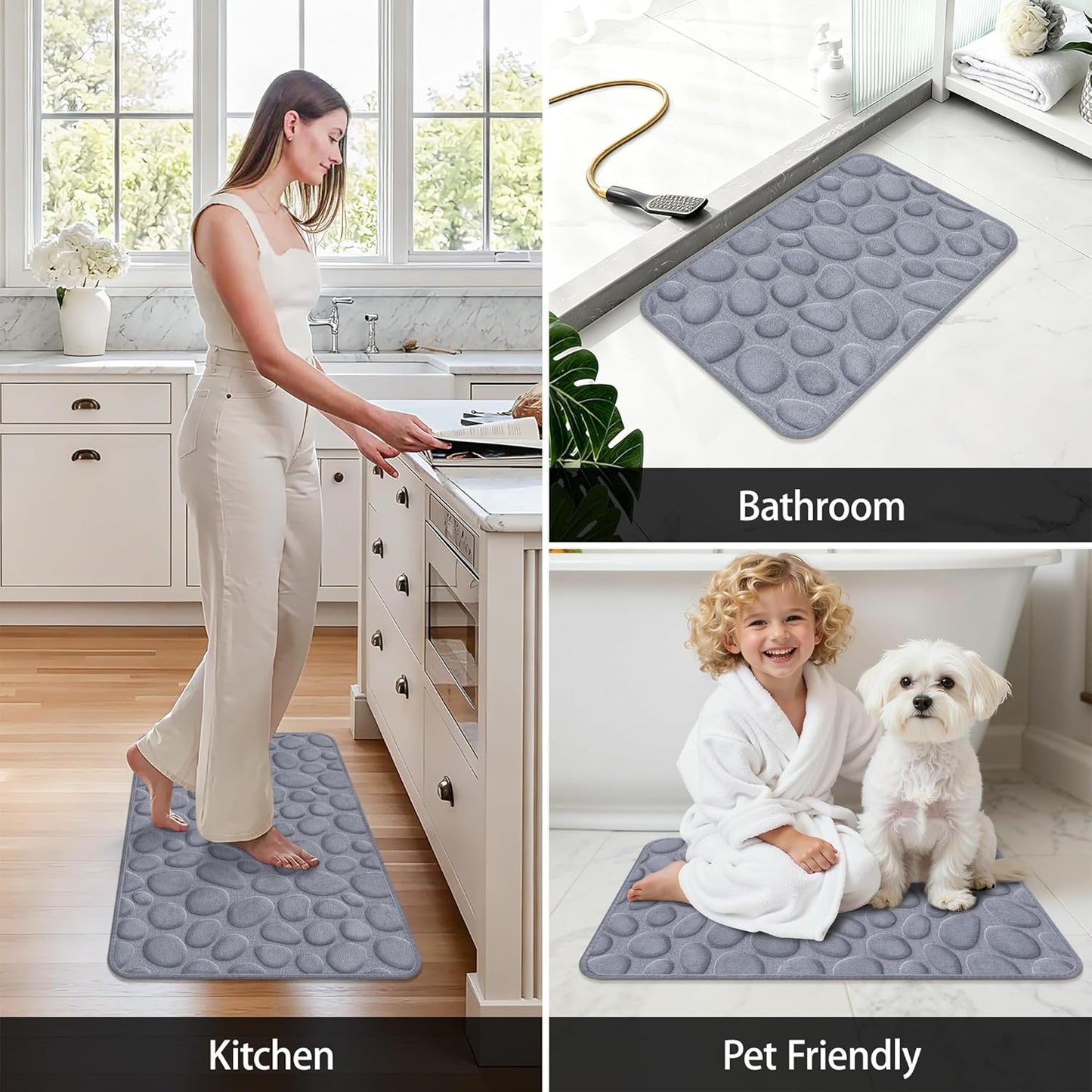 Memory Foam Bath Mat,16x24 Inch Non Slip Cobblestone Bath Mats,Manchine Washable Absorbent Bathroom Floor Mats,Ultra Soft and Quick Dry Bath Rugs for Bathroom Tub and Shower,Gray